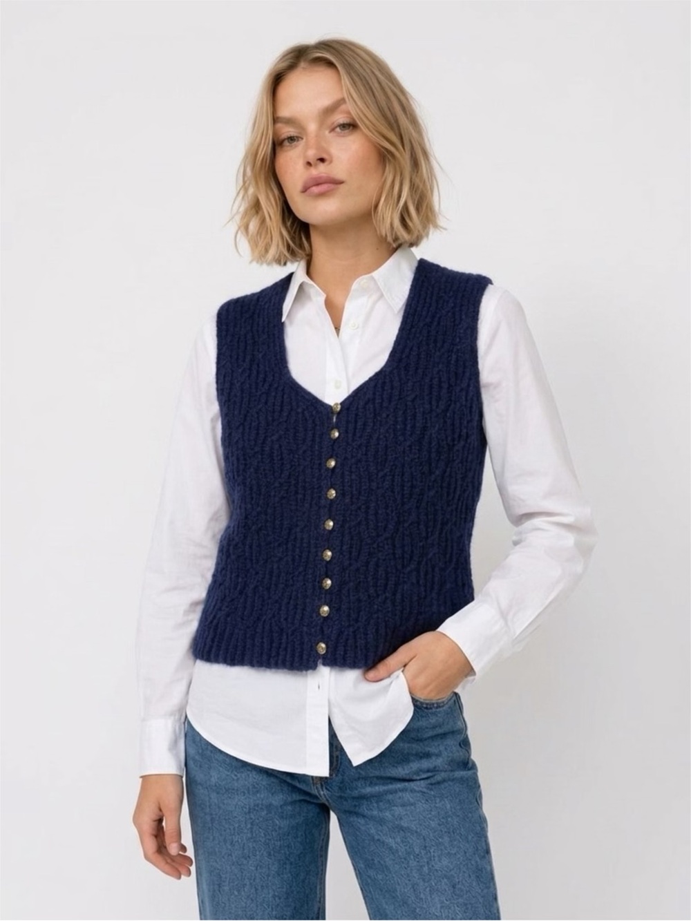 Women’s John Meyer Of Norwich Vintage Knit Navy Vest 100% Wool Sz S